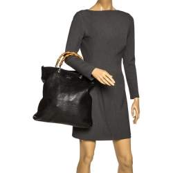 Pre Owned Gucci Black Leather Bamboo Handle Tote