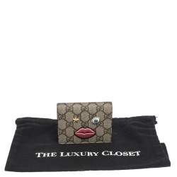 Gucci Beige GG Supreme Canvas Embroidered Face Bifold Card Holder