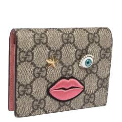 Gucci Beige GG Supreme Canvas Embroidered Face Bifold Card Holder