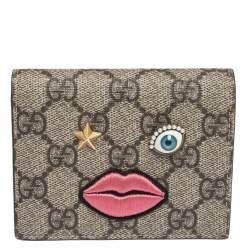 Gucci Beige GG Supreme Canvas Embroidered Face Bifold Card Holder