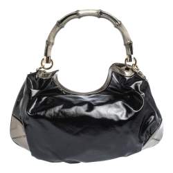 Pre Owned Gucci Black/Metallic Coated Fabric and Patent Leather Medium Babouska Indy Hobo