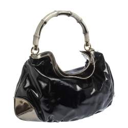 Pre Owned Gucci Black/Metallic Coated Fabric and Patent Leather Medium Babouska Indy Hobo
