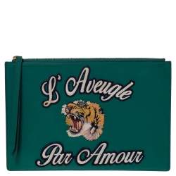 Pre Owned حقيبة صغيرة غوتشي مزينة بكلمات "لاڨيوغل پار امور" جلد أخضر