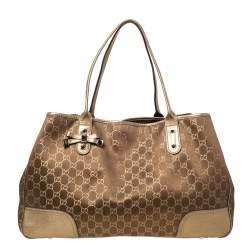 Pre Owned Gucci Brown/Gold GG Fabric and Leather Large Princy Tote