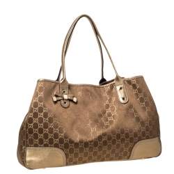 Pre Owned Gucci Brown/Gold GG Fabric and Leather Large Princy Tote