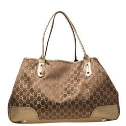 Pre Owned Gucci Brown/Gold GG Fabric and Leather Large Princy Tote