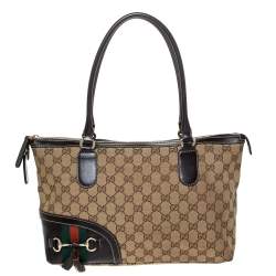 Pre Owned Gucci Beige/Dark Brown Canvas and Leather Web Horsebit Tassel Tote