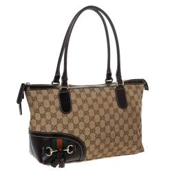 Pre Owned Gucci Beige/Dark Brown Canvas and Leather Web Horsebit Tassel Tote