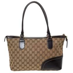 Pre Owned Gucci Beige/Dark Brown Canvas and Leather Web Horsebit Tassel Tote