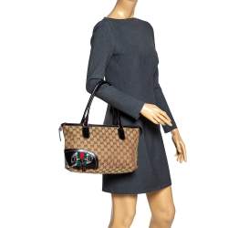 Pre Owned Gucci Beige/Dark Brown Canvas and Leather Web Horsebit Tassel Tote
