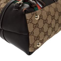 Pre Owned Gucci Beige/Dark Brown Canvas and Leather Web Horsebit Tassel Tote