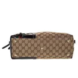 Pre Owned Gucci Beige/Dark Brown Canvas and Leather Web Horsebit Tassel Tote