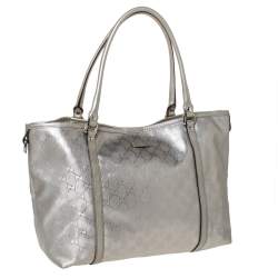 Pre Owned Gucci Silver GG Imprime Canvas and Leather Medium Joy Shopper Tote