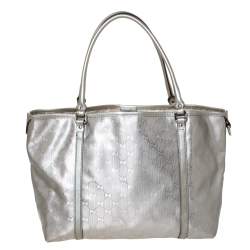 Pre Owned Gucci Silver GG Imprime Canvas and Leather Medium Joy Shopper Tote