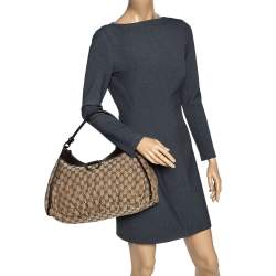 Pre Owned Gucci Beige/Brown GG Canvas and Leather D Ring Hobo