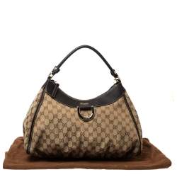 Pre Owned Gucci Beige/Brown GG Canvas and Leather D Ring Hobo