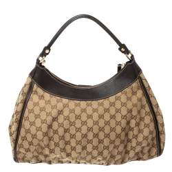 Pre Owned Gucci Beige/Brown GG Canvas and Leather D Ring Hobo