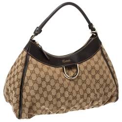 Pre Owned Gucci Beige/Brown GG Canvas and Leather D Ring Hobo