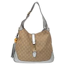 Gucci Jackie Bamboo Tassel Beige Brown Canvas Shoulder