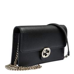 Gucci Black Leather Interlocking GG Wallet On Chain
