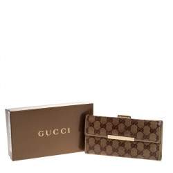Gucci Beige/Gold GG Crystal Canvas and Leather Logo Metal Plate Continental Wallet