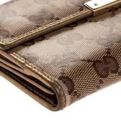 Gucci Beige/Gold GG Crystal Canvas and Leather Logo Metal Plate Continental Wallet