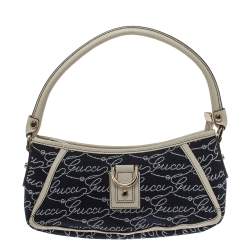 Pre Owned Gucci Navy Blue Signature Canvas and Leather Abbey D-Ring Baguette Bag