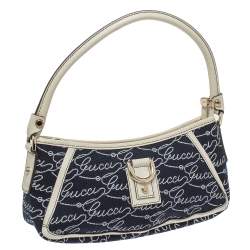 Pre Owned Gucci Navy Blue Signature Canvas and Leather Abbey D-Ring Baguette Bag