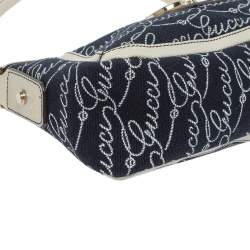 Pre Owned Gucci Navy Blue Signature Canvas and Leather Abbey D-Ring Baguette Bag