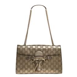 Pre Owned حقيبة كتف غوتشي إيملي جلد غوتشيسيما بيج ميتالك متوسطة