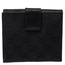 Pre Owned محفظة غوتشي "فرينش كومباكت" مرصعة جلد و كانفاس جي جي أسود