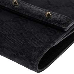 Pre Owned محفظة غوتشي "فرينش كومباكت" مرصعة جلد و كانفاس جي جي أسود