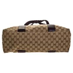 Pre Owned Gucci Beige/Purple GG Canvas and Leather Medium Bamboo Bar Tote