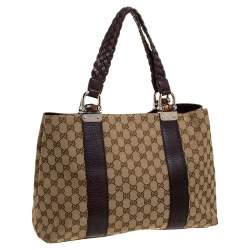 Pre Owned Gucci Beige/Purple GG Canvas and Leather Medium Bamboo Bar Tote