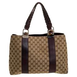 Pre Owned Gucci Beige/Purple GG Canvas and Leather Medium Bamboo Bar Tote