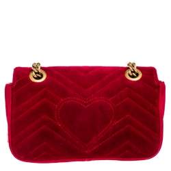 Pre Owned Gucci Red Matelasse Velvet Mini GG Marmont Shoulder Bag