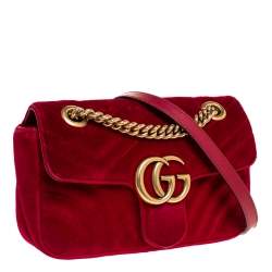 Pre Owned Gucci Red Matelasse Velvet Mini GG Marmont Shoulder Bag