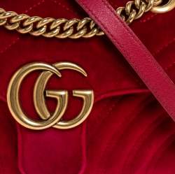 Pre Owned Gucci Red Matelasse Velvet Mini GG Marmont Shoulder Bag