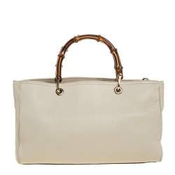 Pre Owned Gucci Ivory Grained Leather Medium Bamboo Shopper Tote