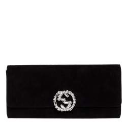 Pre Owned Gucci Black Crystal Embellished Suede Interlocking G Broadway Clutch
