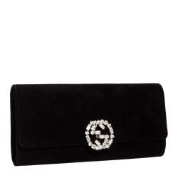 Pre Owned Gucci Black Crystal Embellished Suede Interlocking G Broadway Clutch