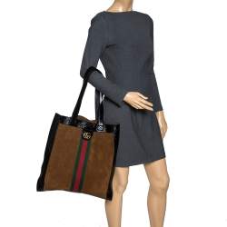 Pre Owned Gucci Brown/Black Suede and Leather Large Ophidia Tote