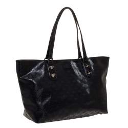 Pre Owned حقيبة يد غوتشي مرصعة معدن جلد و كانفاس مقوى مطبوع جي جي أسود