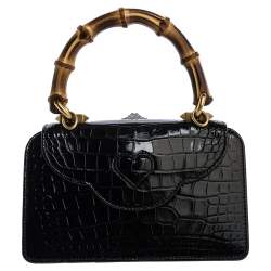 Pre Owned Gucci Black Shine Alligator Mini Thiara Bamboo Top Handle Bag