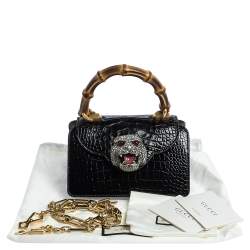 Pre Owned Gucci Black Shine Alligator Mini Thiara Bamboo Top Handle Bag