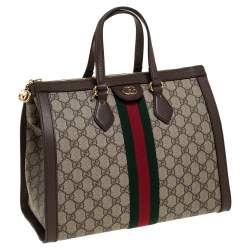 Pre Owned Gucci Brown/Beige GG Supreme Canvas and Leather Medium Ophidia Tote