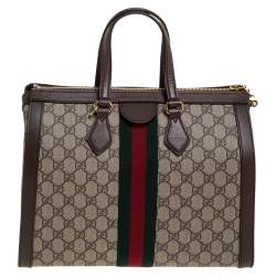 Pre Owned Gucci Brown/Beige GG Supreme Canvas and Leather Medium Ophidia Tote