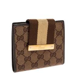 Gucci Beige/Brown GG Crystal Canvas Web Flap French Wallet