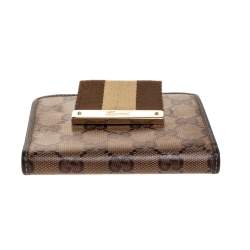Gucci Beige/Brown GG Crystal Canvas Web Flap French Wallet