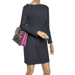 Pre Owned Gucci Pink/Beige GG Supreme Canvas and Suede Medium Crsytal Embellished Dionysus Shoulder Bag